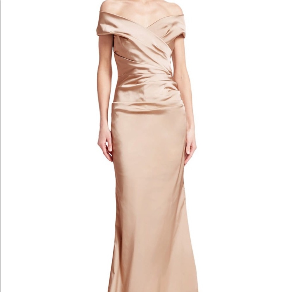 Rickie Freeman for Teri Jon Blush Satin Off-Shoulder Gown